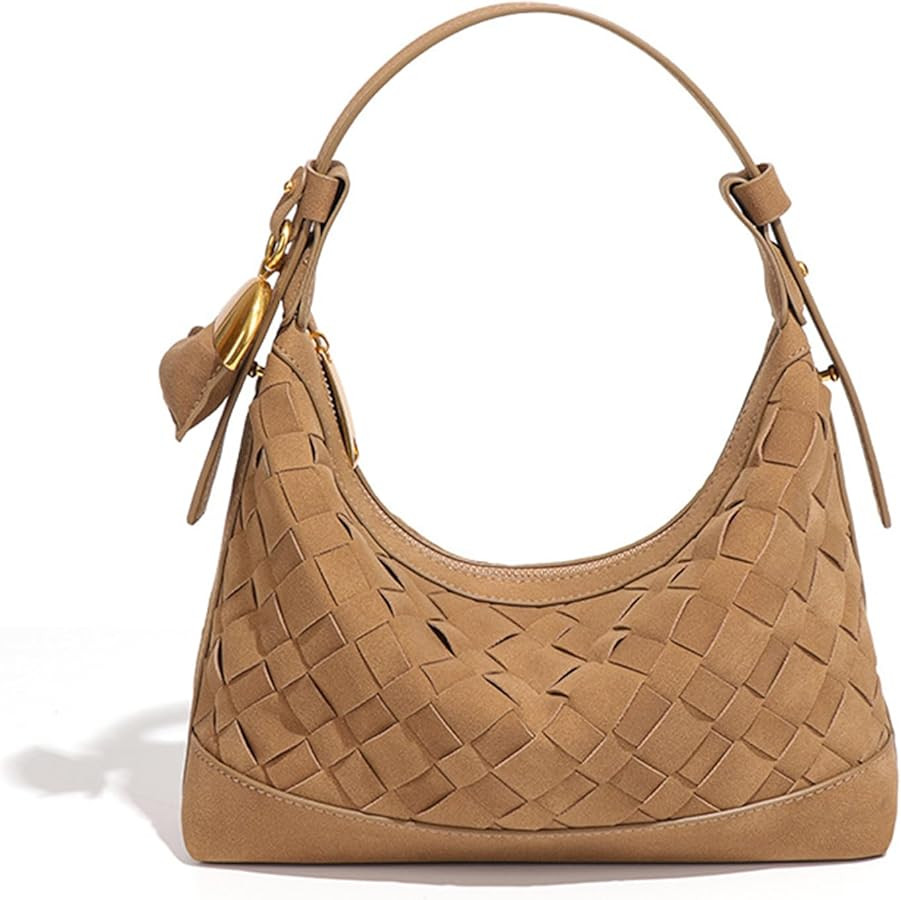 Luxurious Suede Hobo Bag - Women's Woven Leather Shoulder Bag with Spacious Interior, Khaki, 8in ... | Amazon (CA)