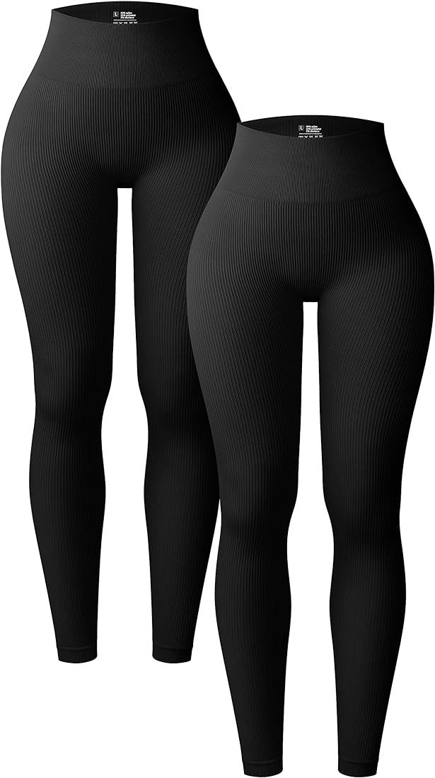 Women's 2 Piece Yoga Leggings Ribbed Seamless Workout High Waist Athletic Pants | Amazon (US)
