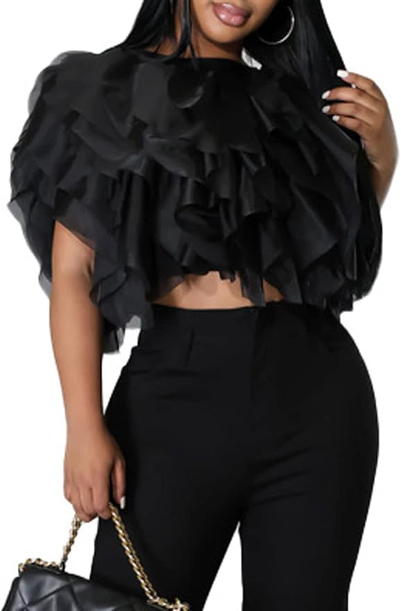 CXINS Women's Fuffy Tulle Crop Tops Sleeveless Fluffy Ruffled Mesh Shirt Sexy Party Lace Up Chiff... | Amazon (US)