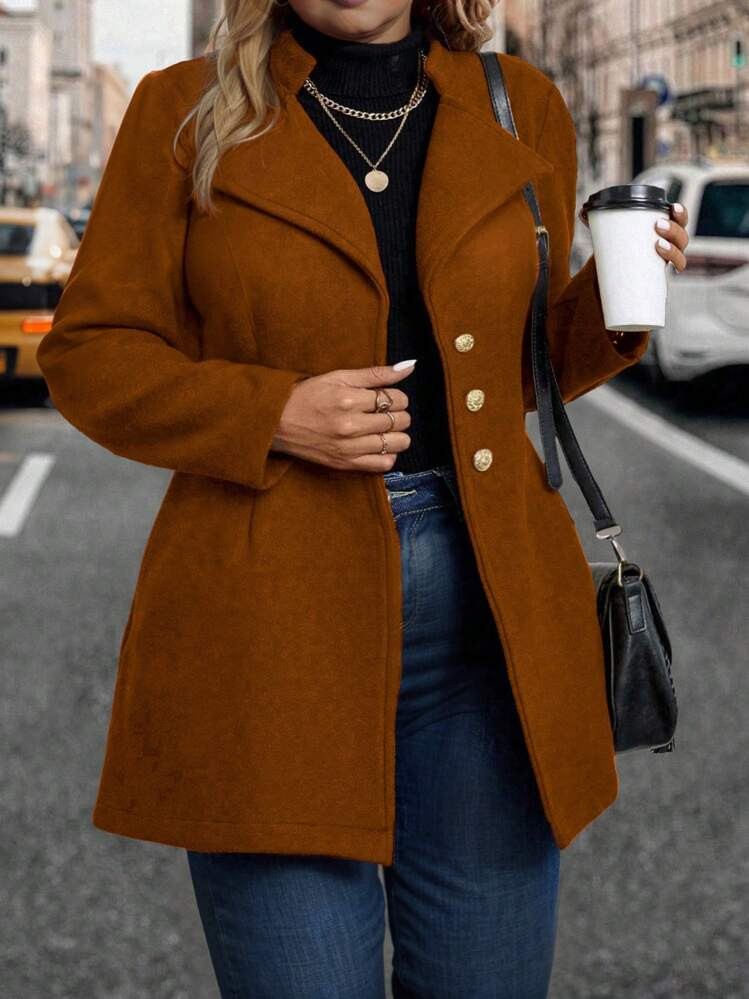 SHEIN Clasi Plus Size Women Single-Breasted Long Sleeve Casual Overcoat In Solid Color, Suitable For Commuting, Autumn/Winter Fall Cloth For Women | SHEIN