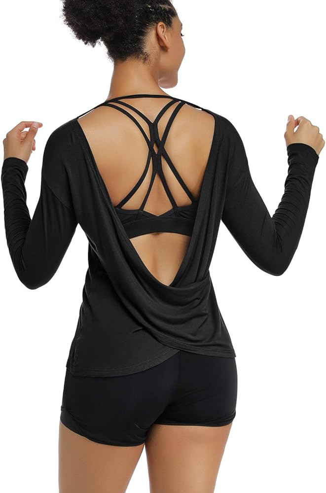 Muzniuer Women's Long Sleeve Workout Shirts Backless Yoga Shirts Cross Back Open Shirt | Amazon (US)