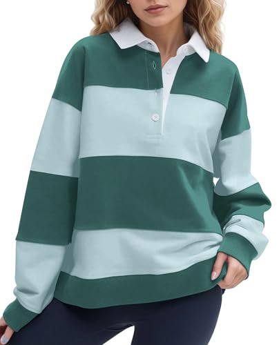 Women Striped Color Block Polo Sweatshirt Lapel Collared Long Sleeve Oversized Rugby Shirt 2025 T... | Amazon (US)