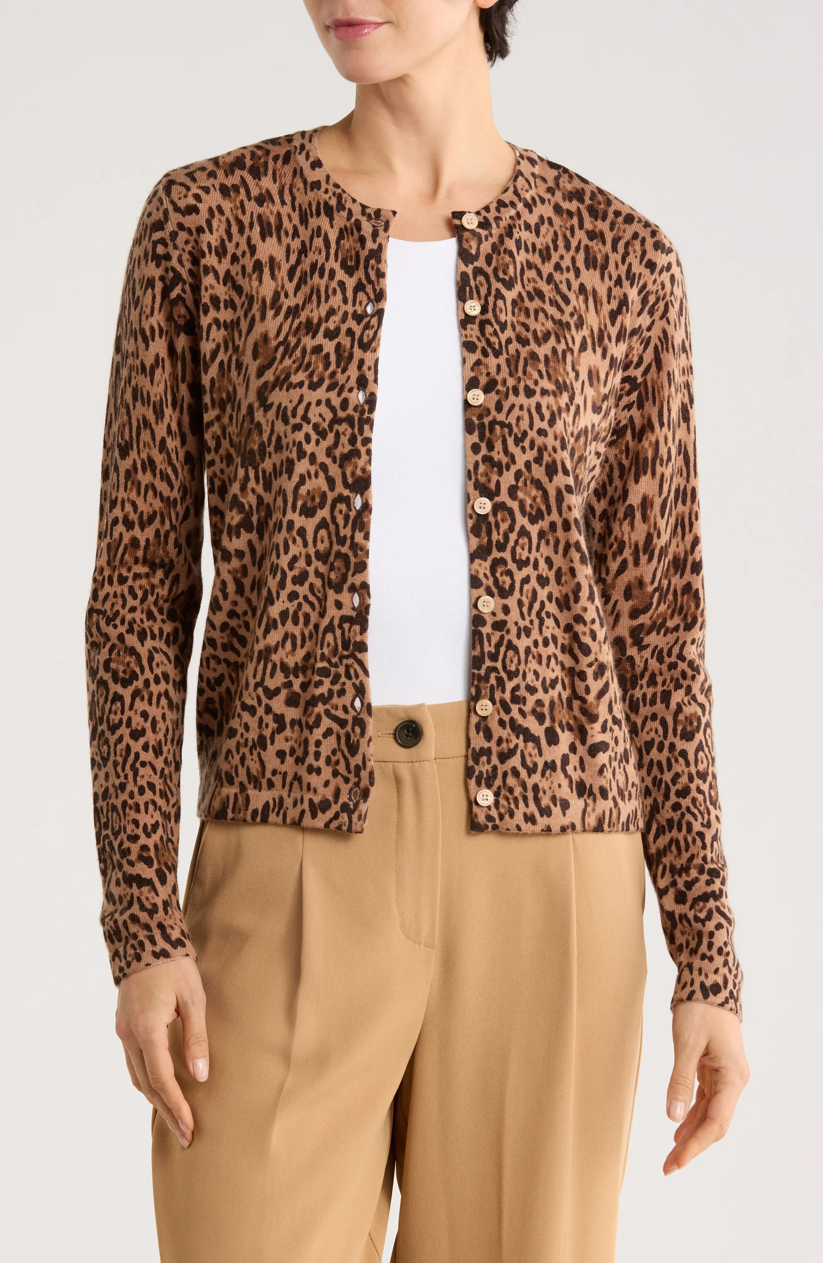 Sofia Cashmere Leopard Print Wool & Cashmere Blend Cardigan in Camel at Nordstrom Rack, Size Large | Nordstrom Rack