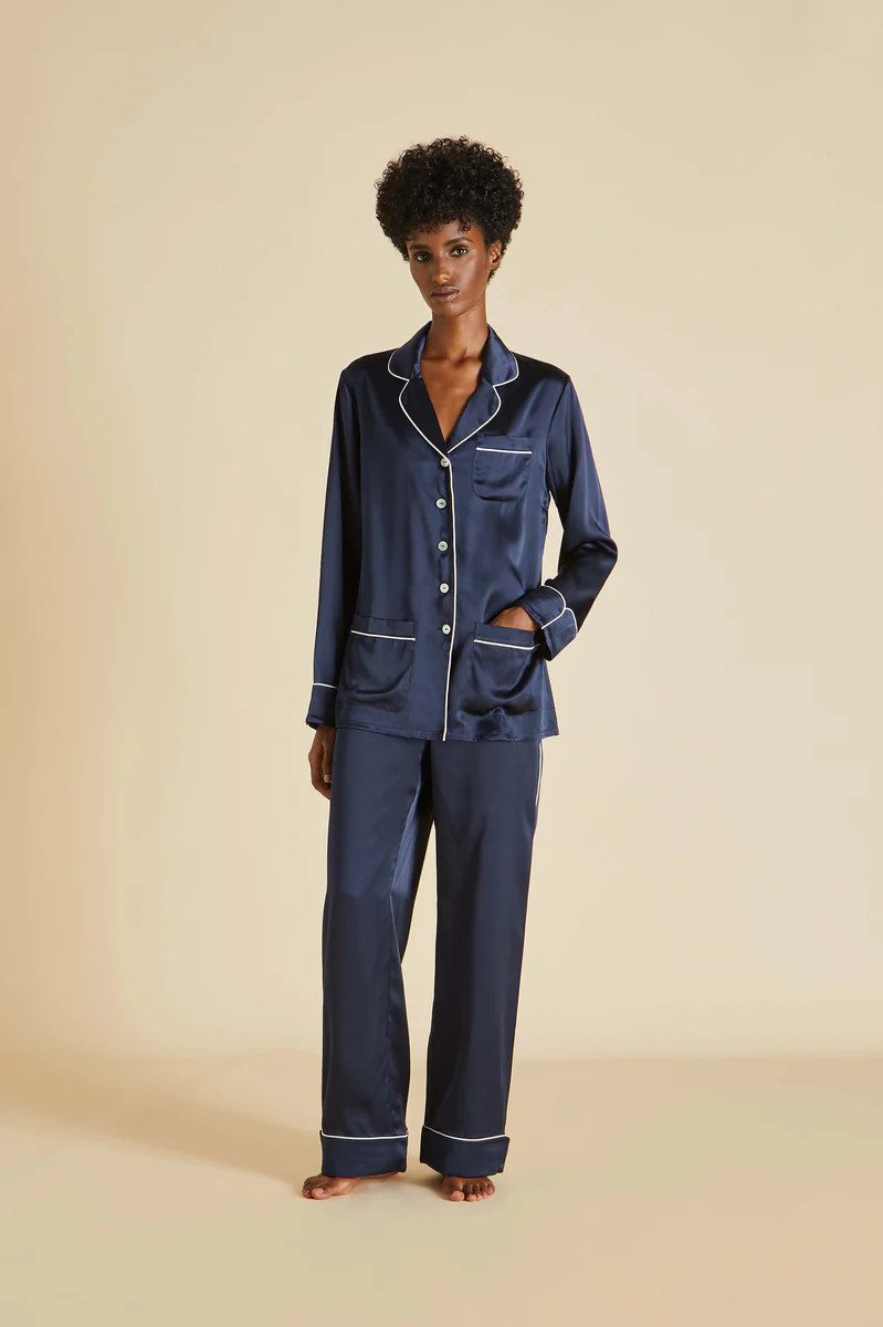Coco Navy Pajamas in Silk Satin | Olivia von Halle