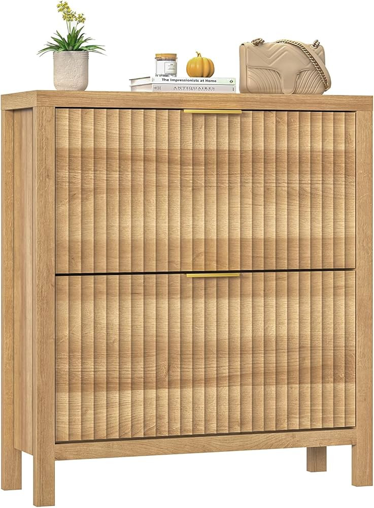 Shoe Cabinet Storage for Entryway, Fluted Shoe Cabinet with 2 Flip Drawers, Hidden Shoe Rack Tall... | Amazon (US)