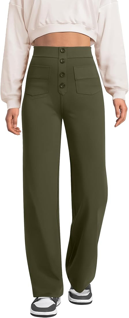 keriffe Women's Straight Leg Pants High Waisted Button Stretchy Business Work Casual Trousers Mul... | Amazon (US)
