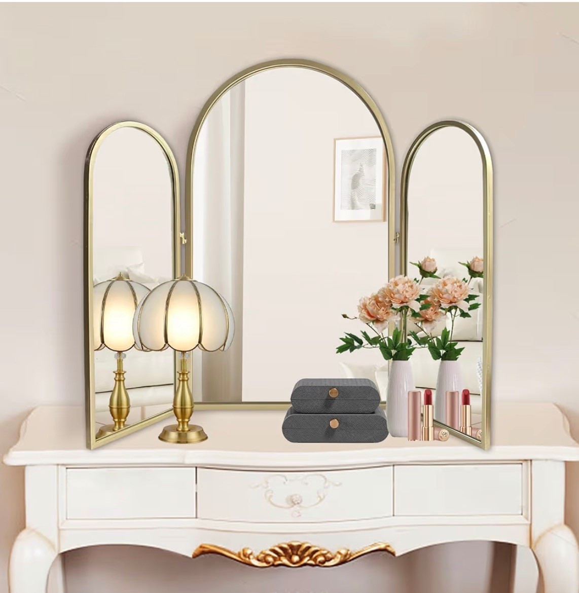 Trifold Vanity Mirrors 3 Way, 30 x 37in Adjustable Vanity Mirrors for Bathroom, Bedroom, Champaign Golden Arch Mirrors Wall Mounted Decoration, Braiding Hair, Makeup 360° Way

#LTKGiftGuide #LTKHome #LTKHoliday