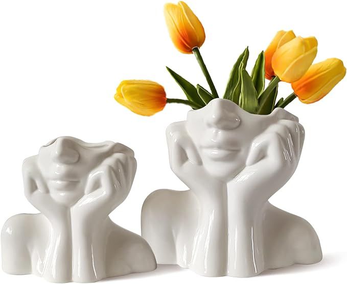 Face Vases -Set of 2 for Flowers,Cute Head Vase - Unique White Ceramic Bust Body Vase Female Mode... | Amazon (US)