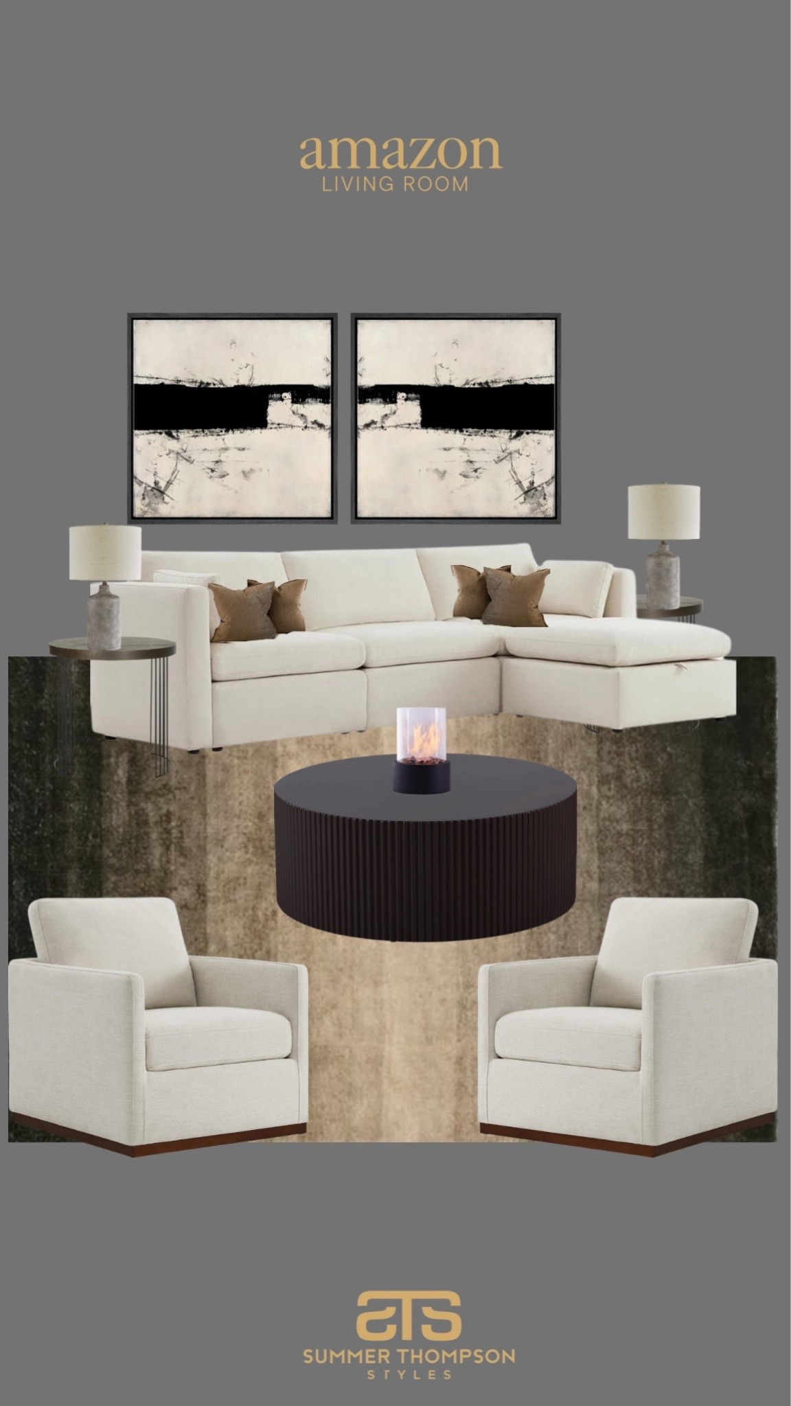 Amazon living room design. 💕

Wall art, sectional sofa, coffee table, indoor fire pit, side table, table lamp, accent chair, living room rug, throw pillows, modern home furnituree
