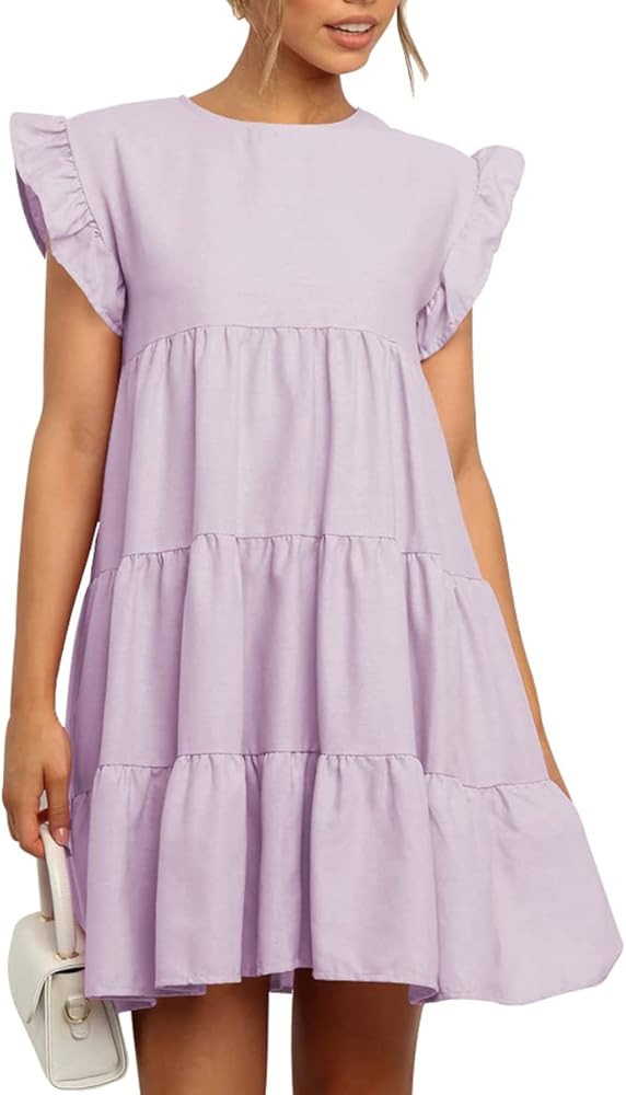 IHOT Women Summer Casual Babydoll Ruffle Sleeve Crew Neck Sleeveless Flowy Mini Short Tunic Dress | Amazon (US)