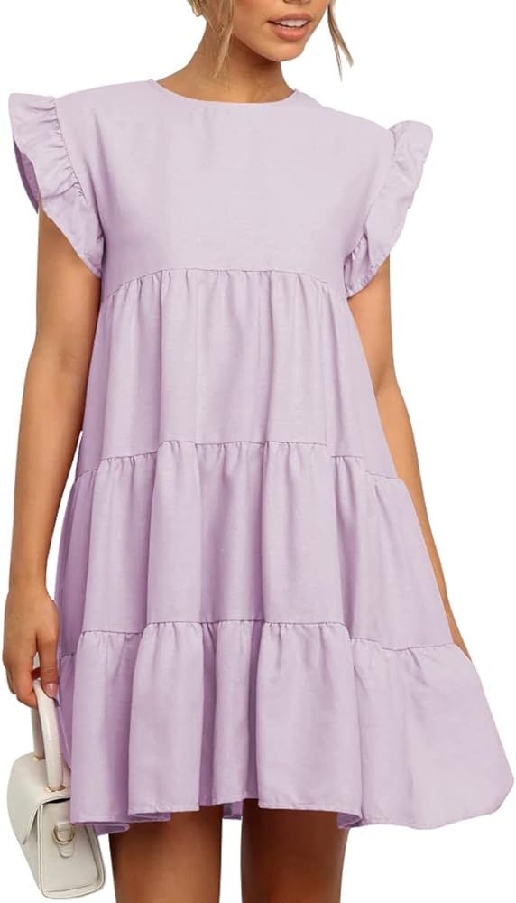 IHOT Women Summer Casual Babydoll Ruffle Sleeve Crew Neck Sleeveless Flowy Mini Short Tunic Dress | Amazon (US)