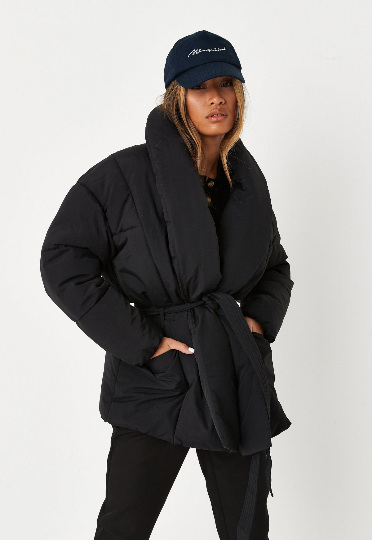 Missguided - Black Belted Shawl Oversized Puffer Coat | Missguided (US & CA)