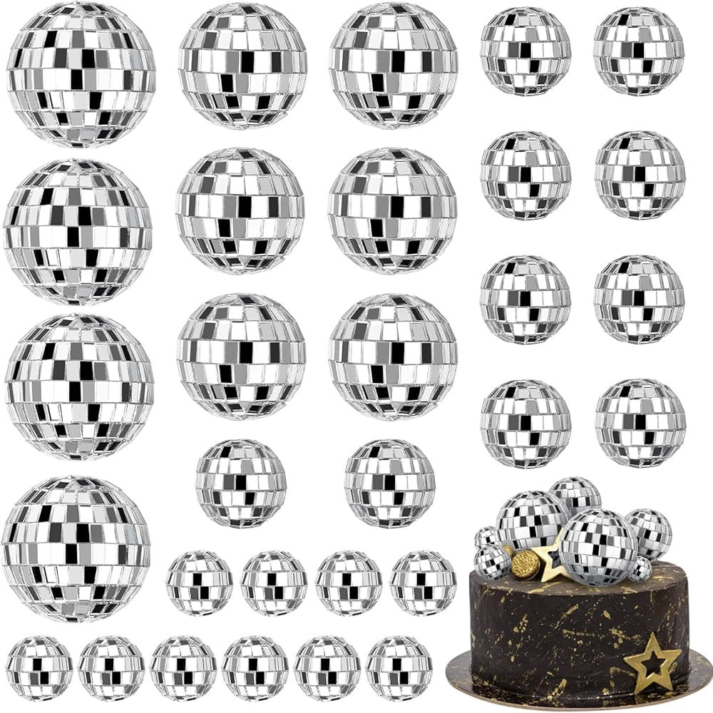 JOERSH 30 PCS Disco Ball Cake Decoration, Small Silver Reflective Mirror Ball Cake Topper, 70s Di... | Amazon (US)