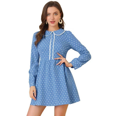 INSPIRE CHIC Women's Heart Print Long Sleeve A-Line Lace Trim Peter Pan Collar Mini Dress Blue Small | Target