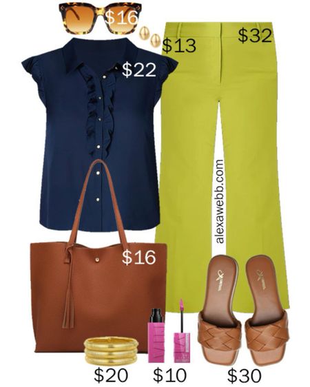 Plus Size on a Budget – Summer Work Outfit - A plus size business casual outfit for the office. A pair of chartreuse pants with a navy ruffle top and woven slide sandals. All on a budget! Alexa Webb

#LTKSeasonal #LTKFindsUnder50 #LTKPlusSize