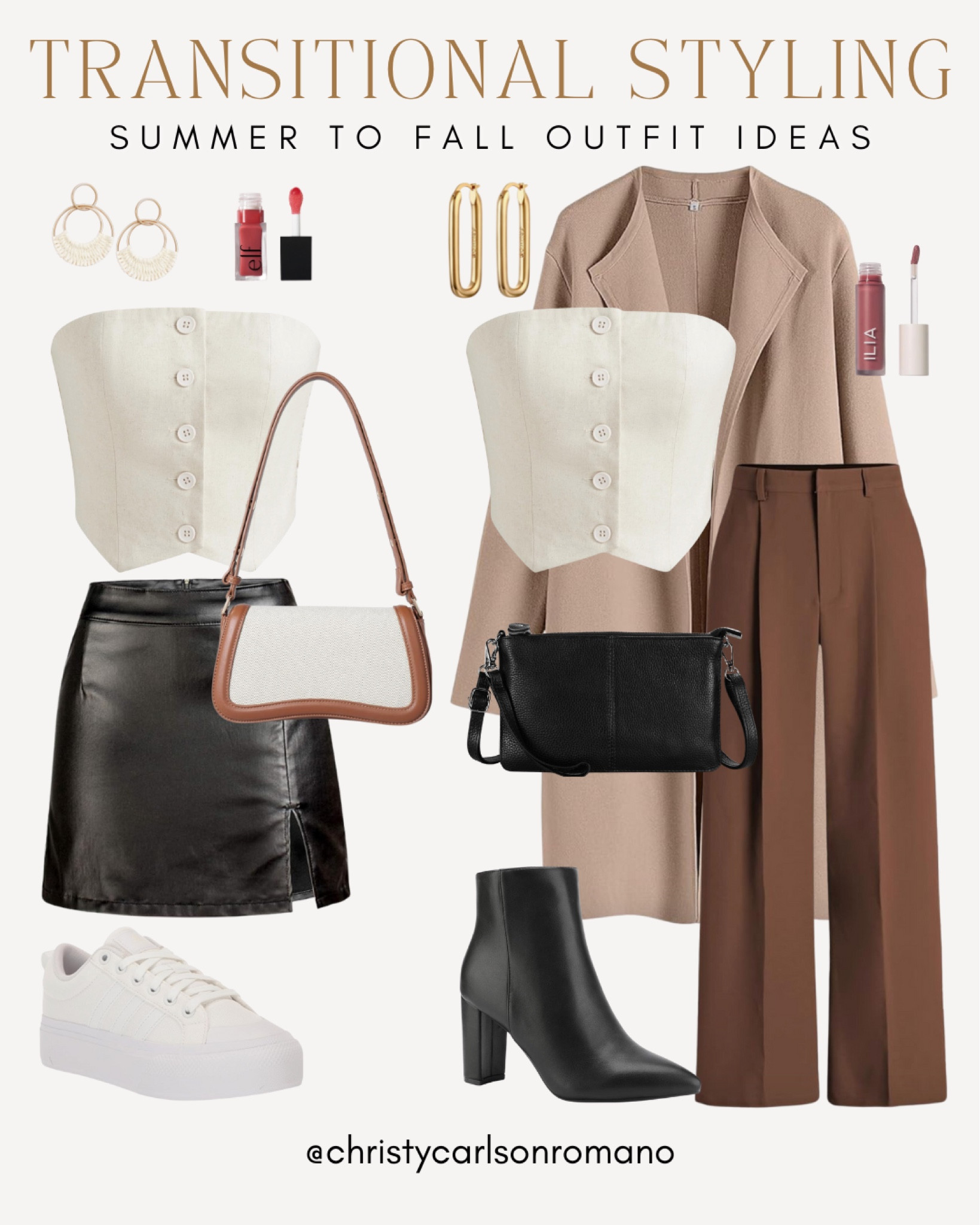 Been obsessed with challenging myself on how I can style of my summer faves for fall. This transitional outfit inspo will help you mix and match your white corset top with either a black leather midi skirt for something edgy and casual for summer or the brown trouser pants with a nude trench coat for fall!
#amazonfashion #everydaylook #makeupessentials #fashionaccessories

#LTKSeasonal #LTKItBag #LTKStyleTip