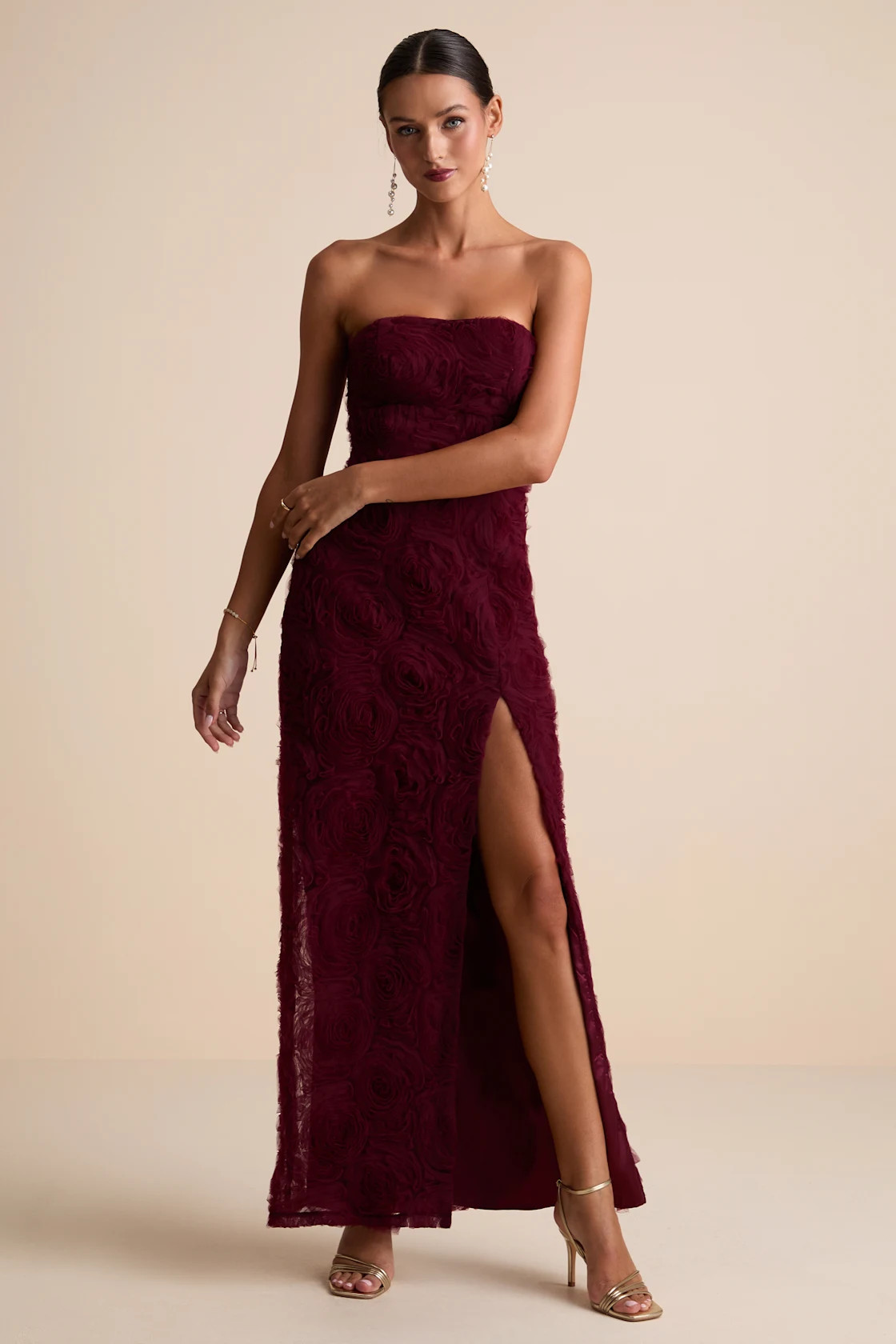 Amalia Burgundy Textured Strapless Maxi Dress | Lulus