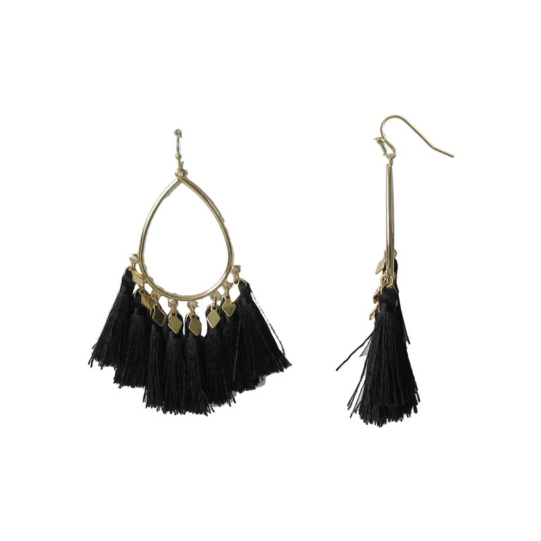 Time and Tru Women's Black Soot Teardrop Hoop W/Thread Tassels Earrings | Walmart (US)