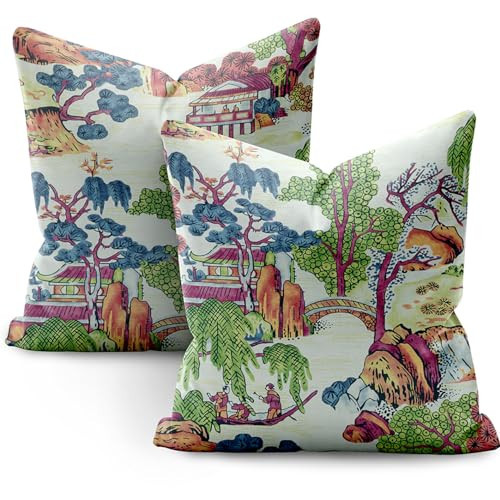 PENUFILO Colorful Chinoiserie Pillow Covers 18x18 Set of 2,Colorful Pillow Covers Decorative Linen Couch Pillows Covers for Bed Sofa Room Farmhouse Throw Pillow Covers | Amazon (US)