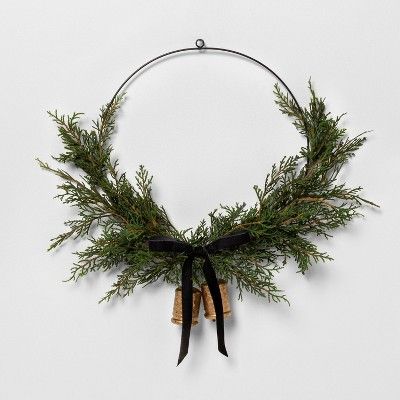 16" Faux Cedar Asym Wreath with Bell and Ribbon - Hearth & Hand™ with Magnolia | Target