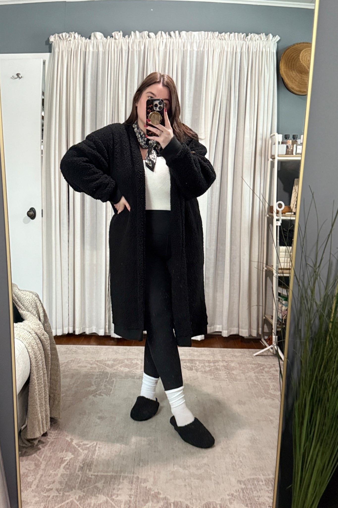 Cozy Cardigan + Leggings
Why it works: This is one of my go-to WFH formulas. The oversized cardigan adds texture and polish, while ribbed leggings keep it comfortable for all-day wear.

Wearing:
Cardigan: Nine West sherpa long-sleeve
Top: Pumiey double-lined top
Leggings: Aerie Offline ribbed leggings
Slippers: Bombas
Accessories: Alex & Ani bracelet

Fit Notes:
Cardigan: size XL (oversized fit)
Top: size L (double-lined, not sheer)
Leggings: size XL (true to size, ribbed)

#LTKMidsize #LTKootd #LTKWorkwear