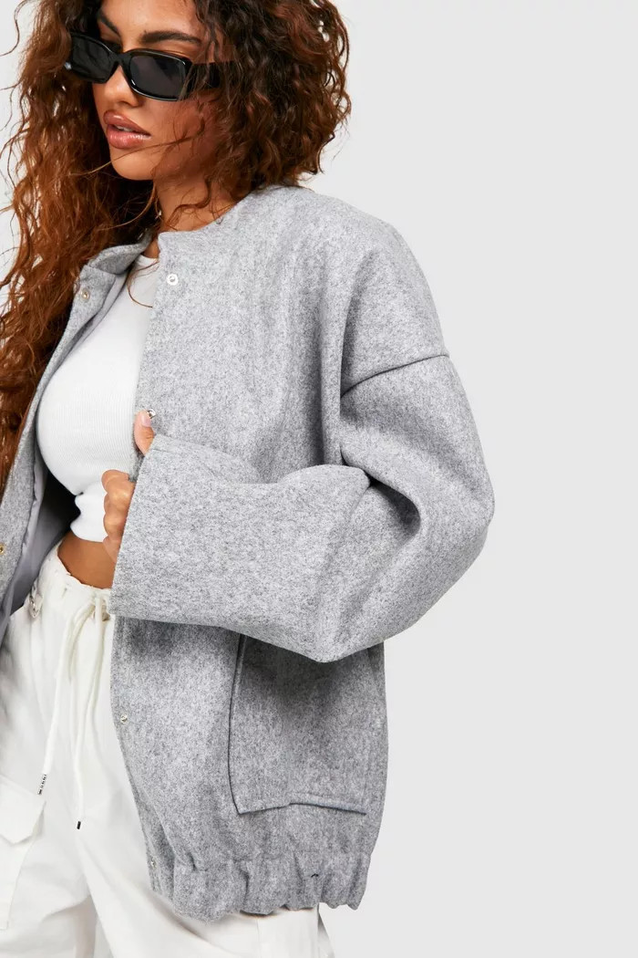 Petite Wool Look Oversized Bomber Jacket | boohoo (US & Canada)