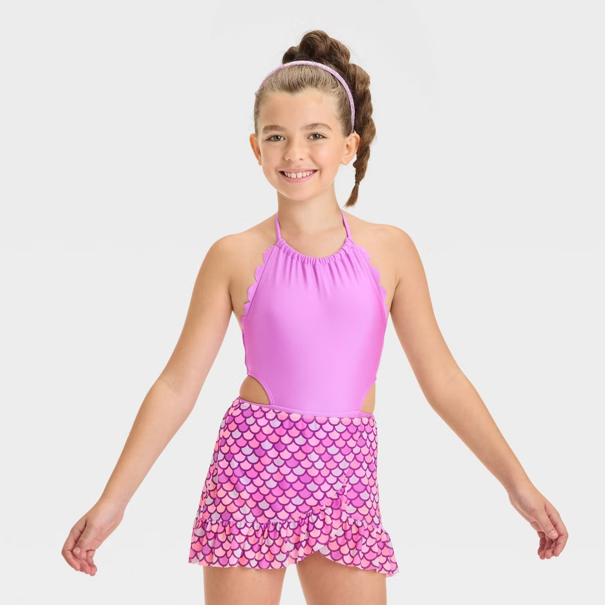Girls' Mermaid Paradise Scalloped One Piece Swimsuit Set - Cat & Jack™ Purple M Plus | Target