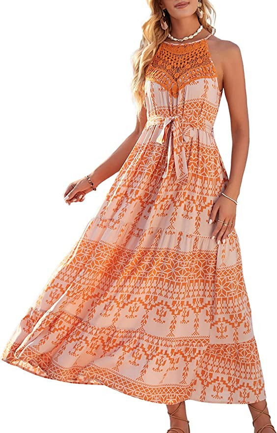 HEHULL Women Summer Maxi Dress Boho Floral Print Sleeveless Halter Neck Beach Long Dress | Amazon (US)