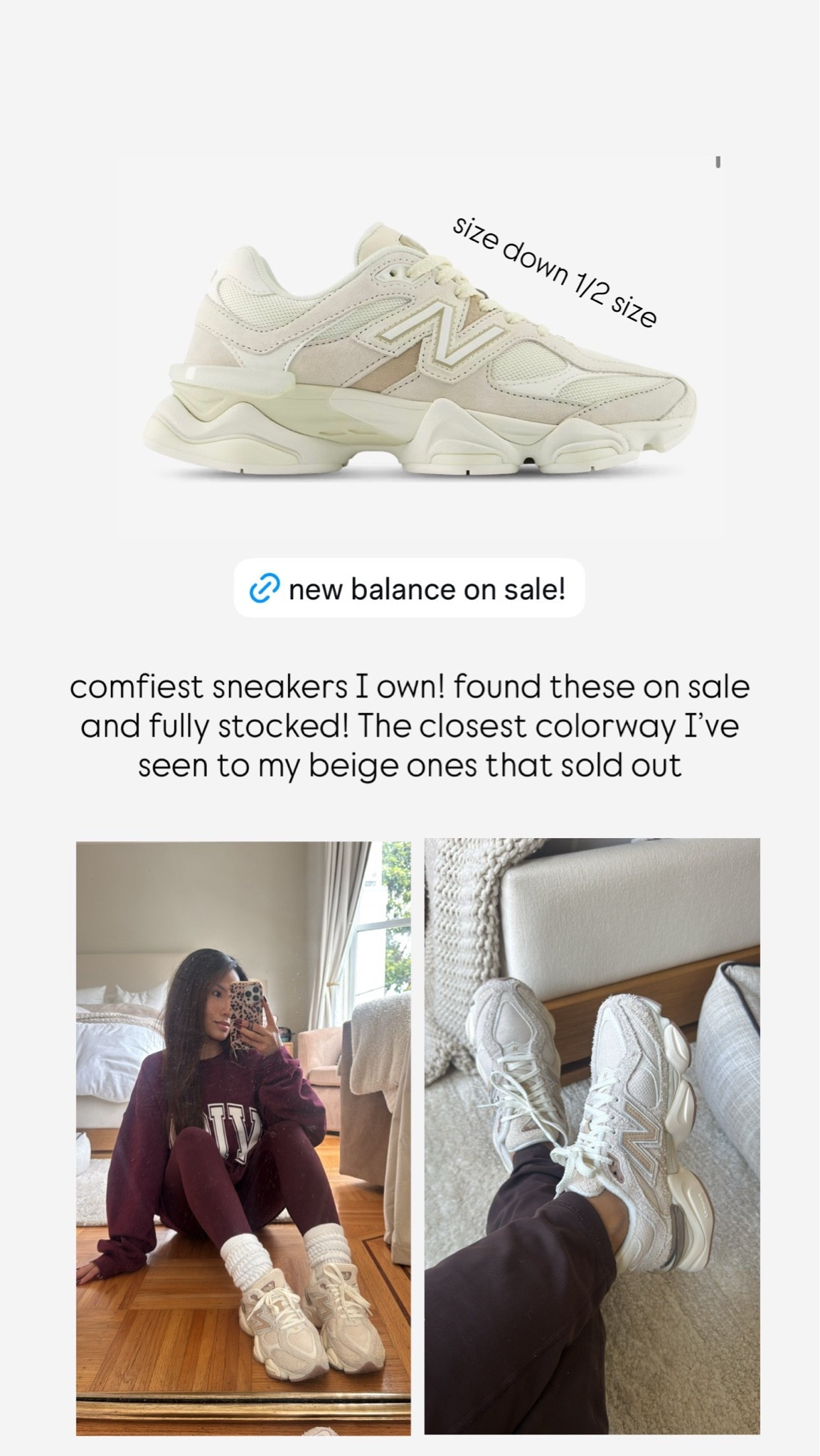 New balance on sale!! Closest colorway I’ve found to my beige ones 

Sizing - I size down half a size