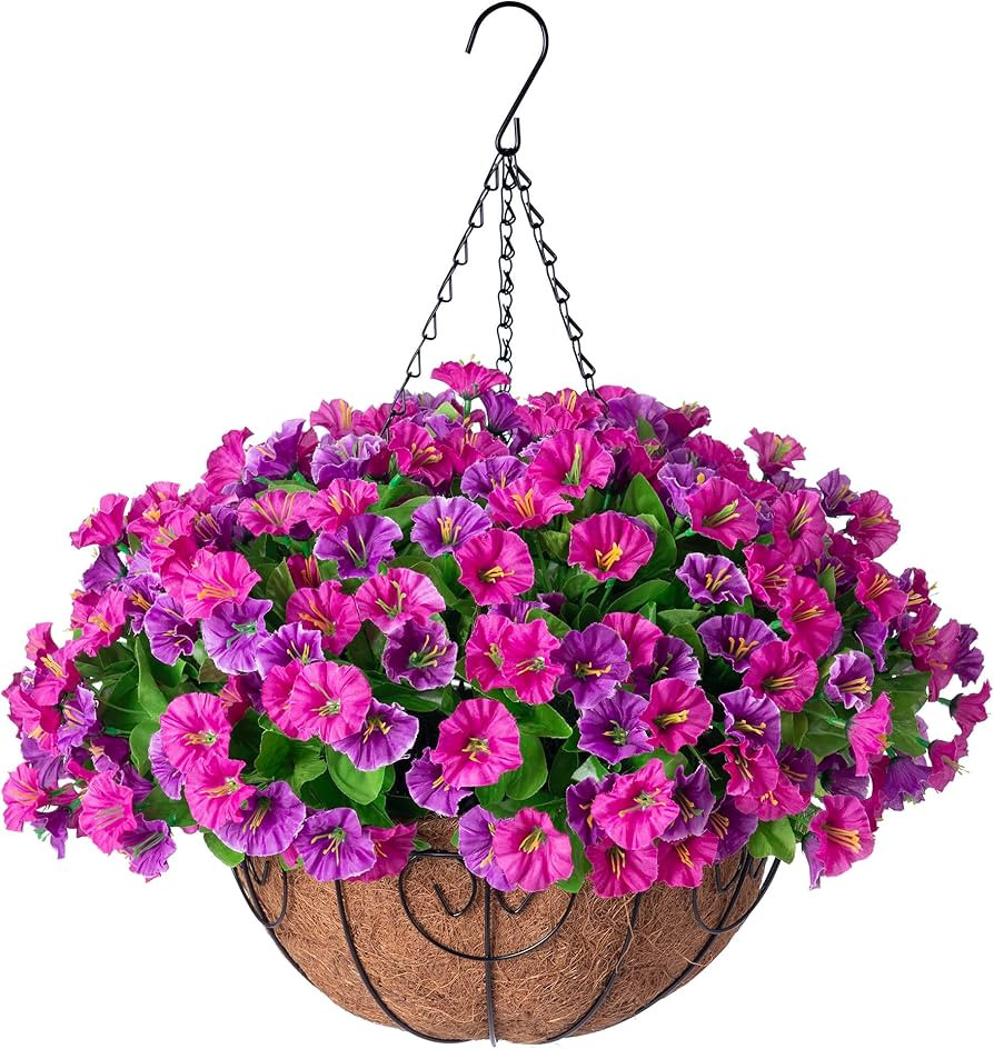 Artificial Hanging Flowers with Basket, Faux Silk Petunias Flower Arrangement, Coconut Lining wit... | Amazon (US)