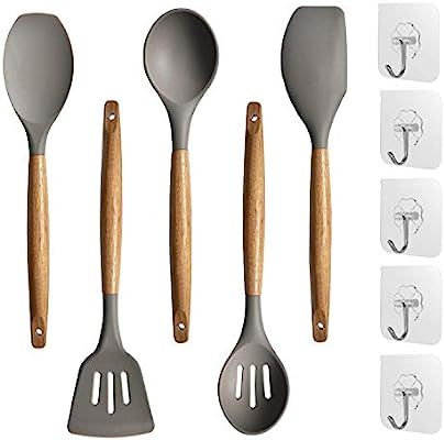 Silicone Non-Stick Cooking Utensils Set with Natural Acacia Hard Wood Handle 5 Piece Grey Odourle... | Amazon (US)