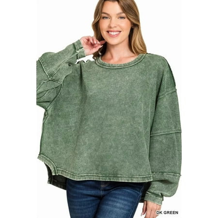 Zenana Acid Washed Exposed-Seam Sweatshirt - Green | Walmart (US)