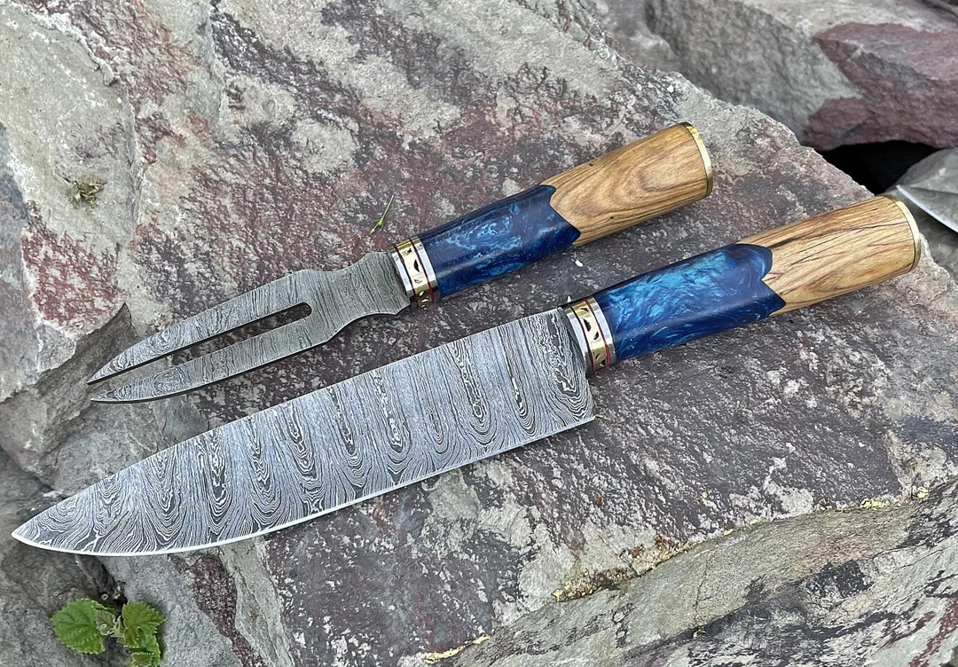 Fork and Chef Knife Damascus Steel Knives BBQ Knives Outdoor Grill Parties Gifts BBQ Grilling Acc... | Etsy (US)