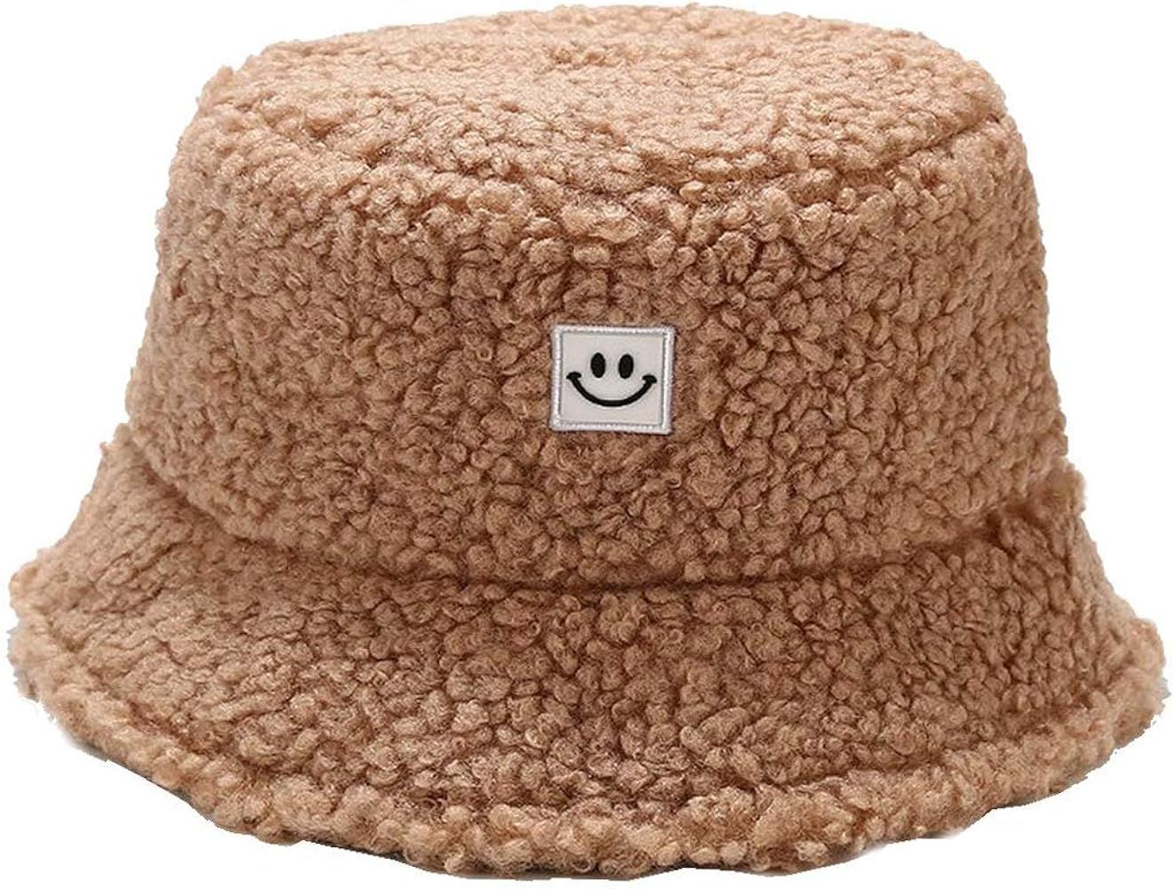Women Bucket Hats Teddy Style Vintage Smile Face Cloche Hat Warm Faux Fur Wool Fisherman Cap | Amazon (US)