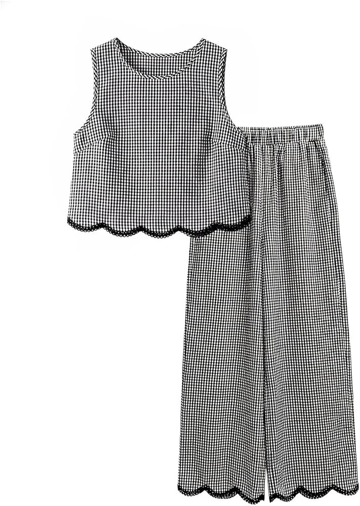 SOLY HUX Women's 2 Piece Summer Outfits Plaid Gingham Sleeveless Tank Tops and Wide Leg Pants Vac... | Amazon (US)