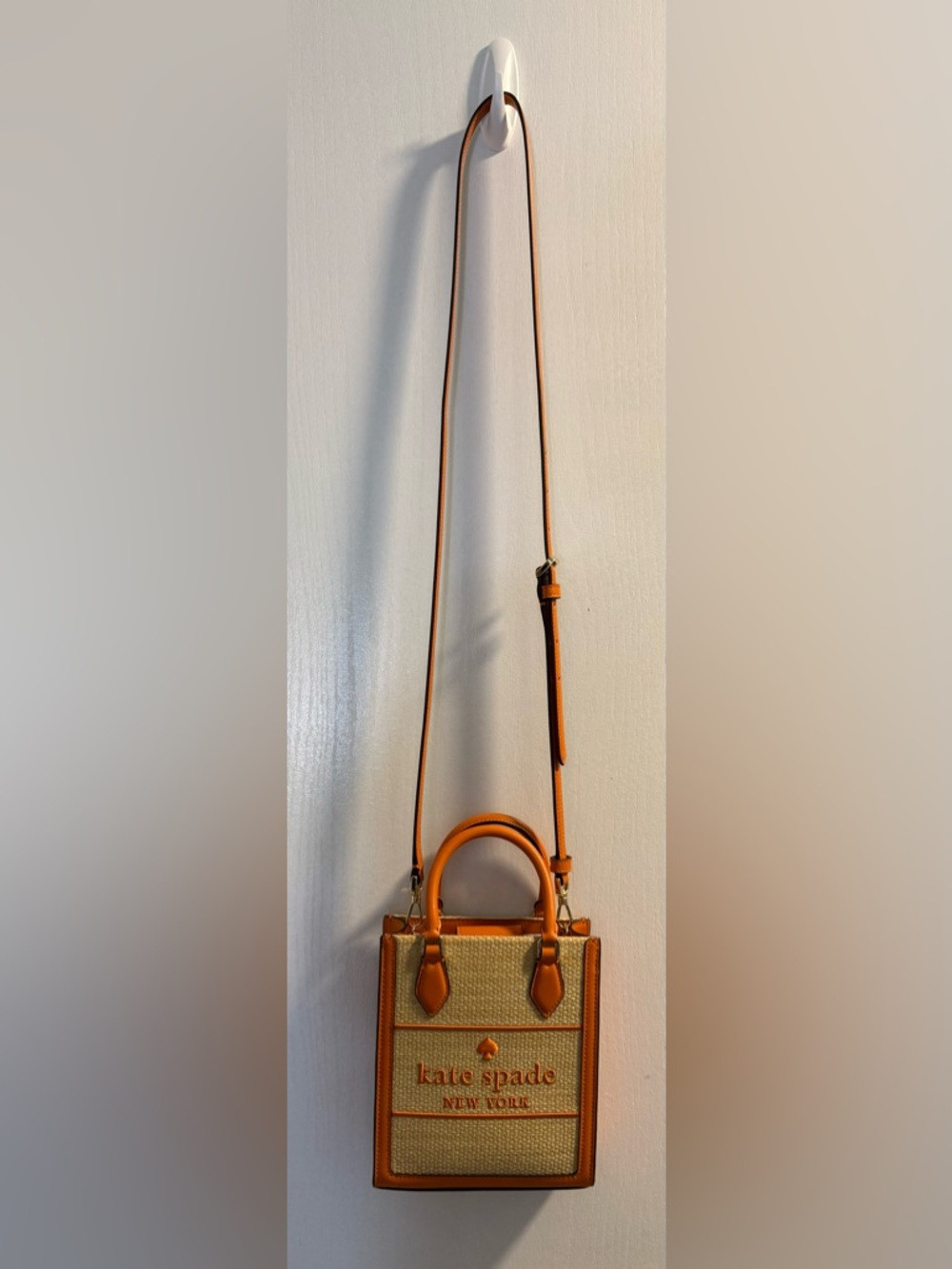 NWT Kate Spade Mini Ellie Tote Orange Leather with Tan Straw Canvas | Poshmark