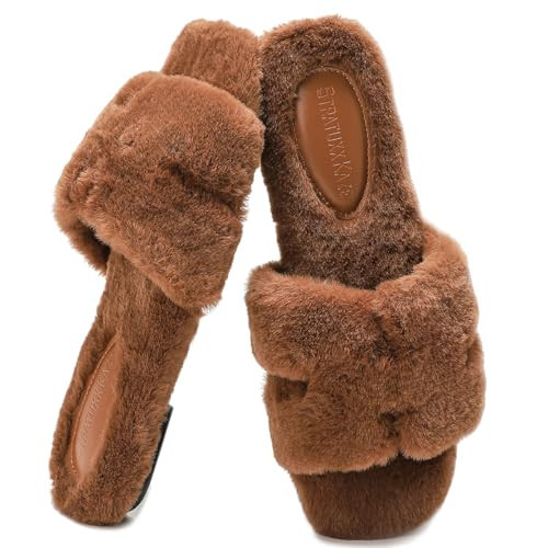 Stratuxx Kaze Womens Fur Slippers Comfy House Slides Sandals Open Toe Memory Foam Indoor Fluffy Slippers for Women Birthday Gift for Mom | Amazon (US)