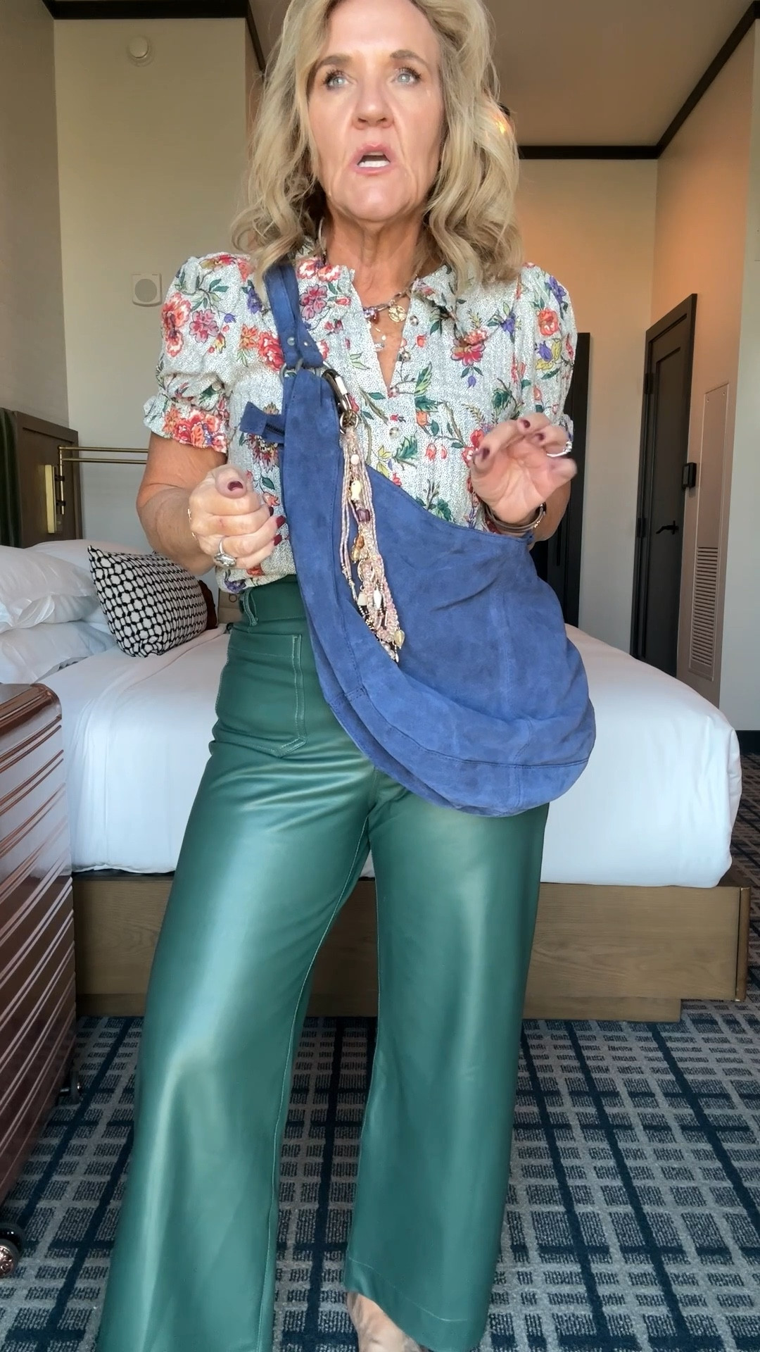 A new suede Crossbody bag by free people. Comes in over 10 colors.

Free people has great accessories 

Anthropologie Colette pants size 29 regular 
The Kira blouse from Anthropologie size medium 

#LTKOver40 #LTKCon #LTKFindsUnder100