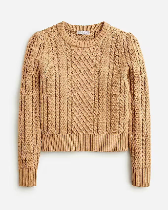 Cable-knit puff-sleeve crewneck sweater | J. Crew US