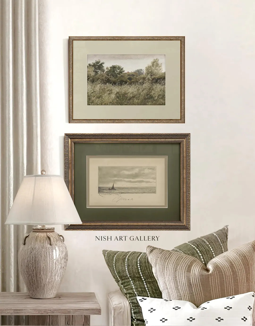 Framed Set of 2, Beige and Green Tones Wall Decor, Framed Modern and Traditional Art Print, Lands... | Etsy (US)