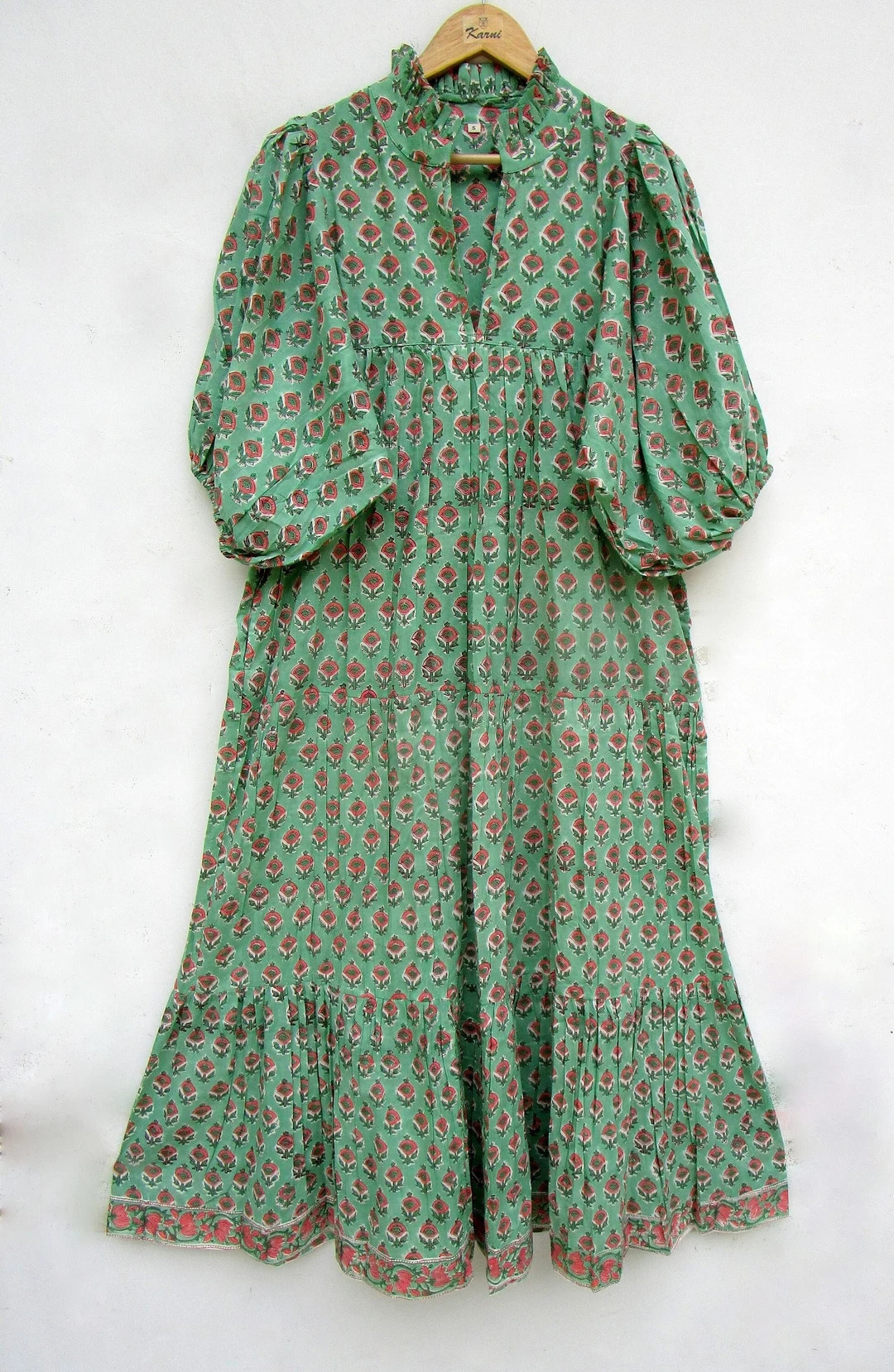 Green Pink Floral Printed Cotton Long Maxi Dress V Neckline - Etsy | Etsy (US)