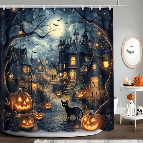 APROPHIC Halloween Shower Curtain, Halloween Horror Castle Shower Curtain for Bathroom, Pumpkin L... | Amazon (US)