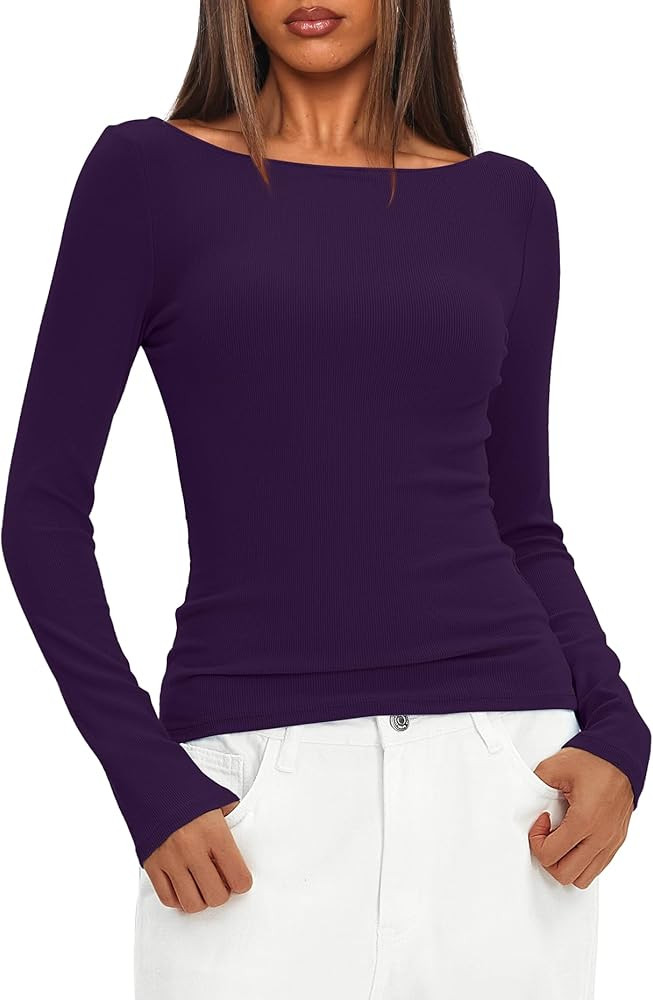 Darong Womens Long Sleeve Boat Neck Top Sexy Backless Slim Fit Basic Tee T-Shirt Ribbed Knit Goin... | Amazon (US)