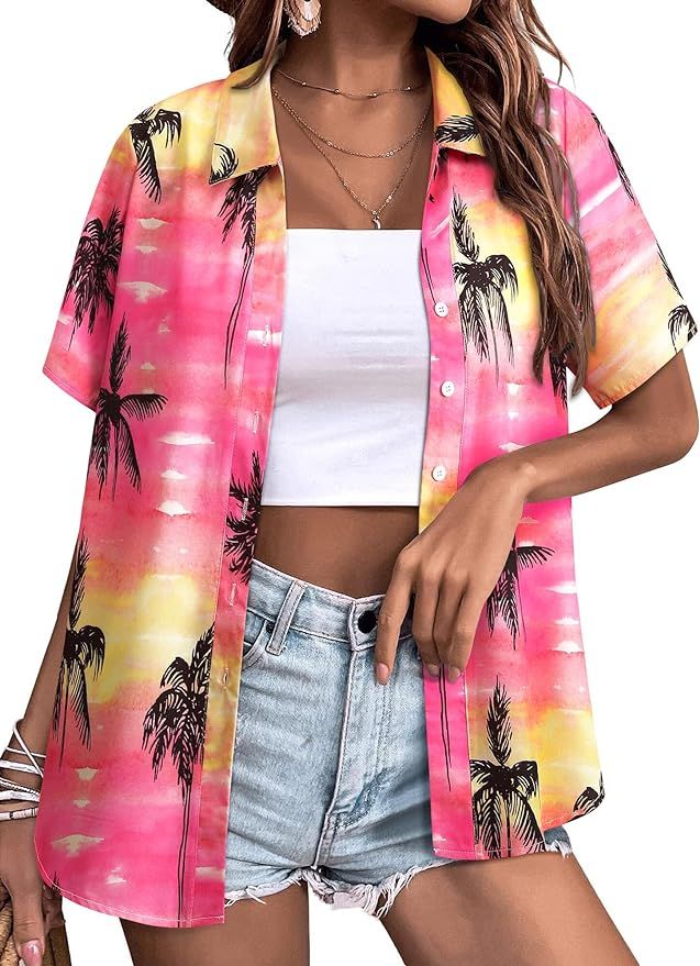 Womens Button Down Hawaiian Shirts Short Sleeve Floral Print Summer V Neck T-Shirt Casual Summer ... | Amazon (US)