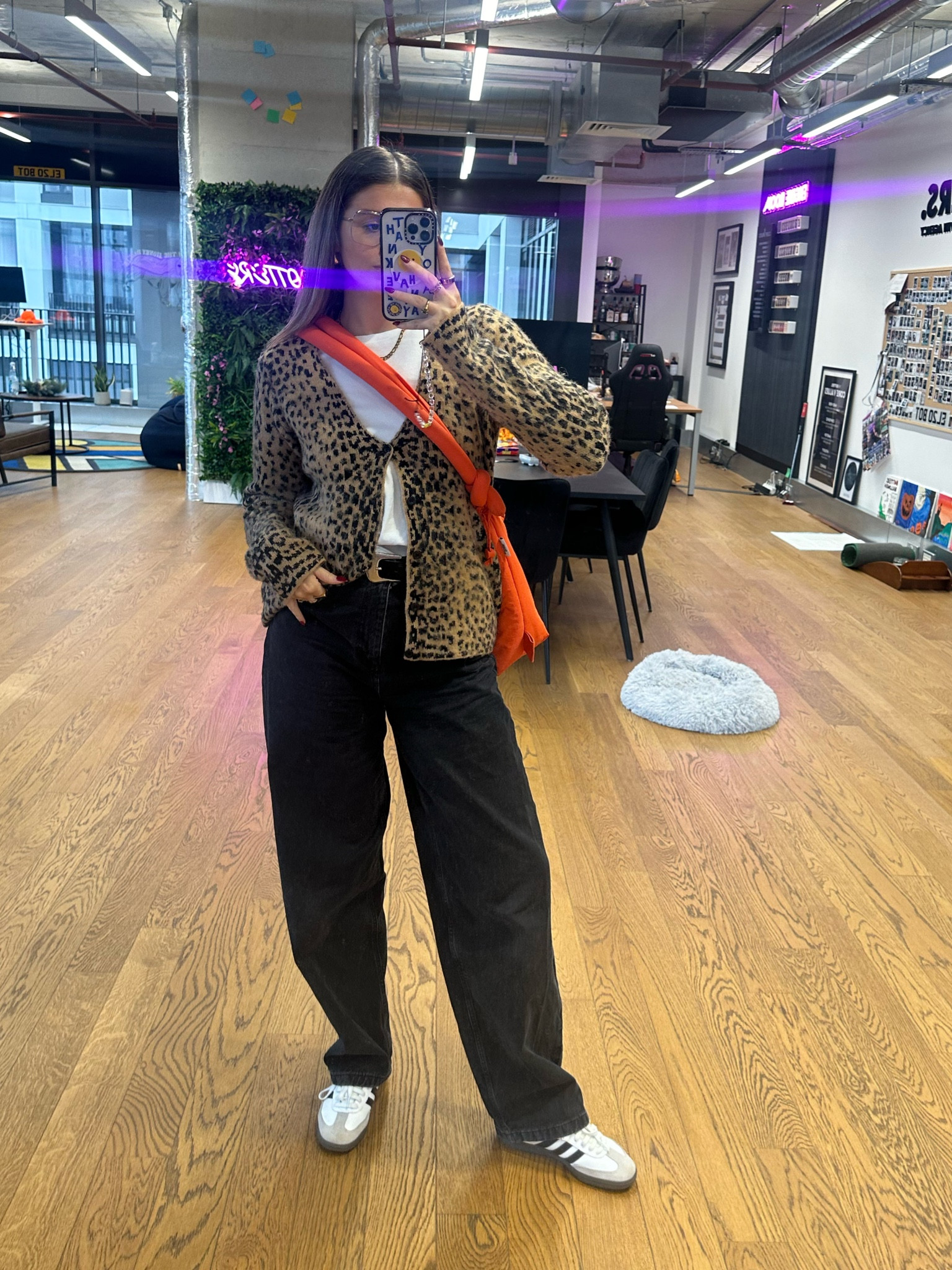  leopard print cardigan, white long sleeve, black baggy jeans, silver belt, adidas sambas 

#LTKworkwear #LTKSeasonal #LTKMostLoved