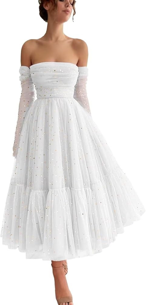 Maxianever Sparkly Starry Tulle Prom Dresses with Gloves Women’s Tea Length Formal Evening Gown... | Amazon (US)