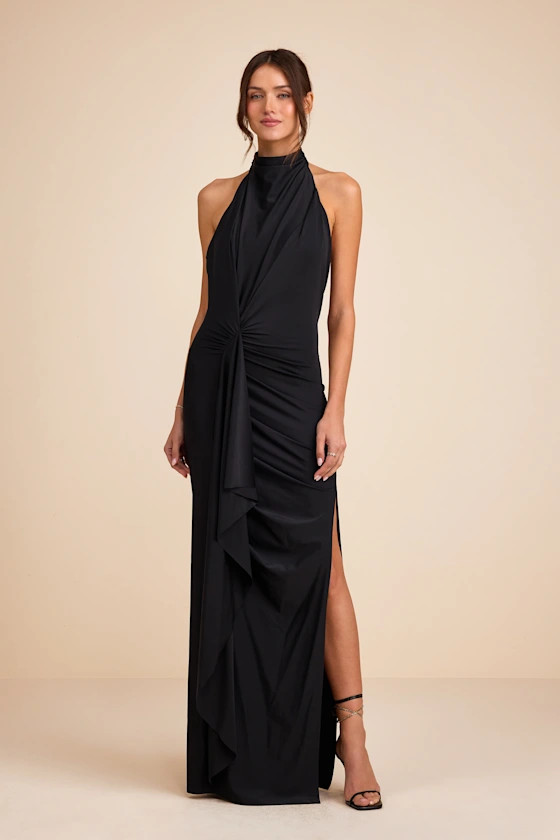 Mystras Black Slinky Knit Backless Halter Maxi Dress | Lulus