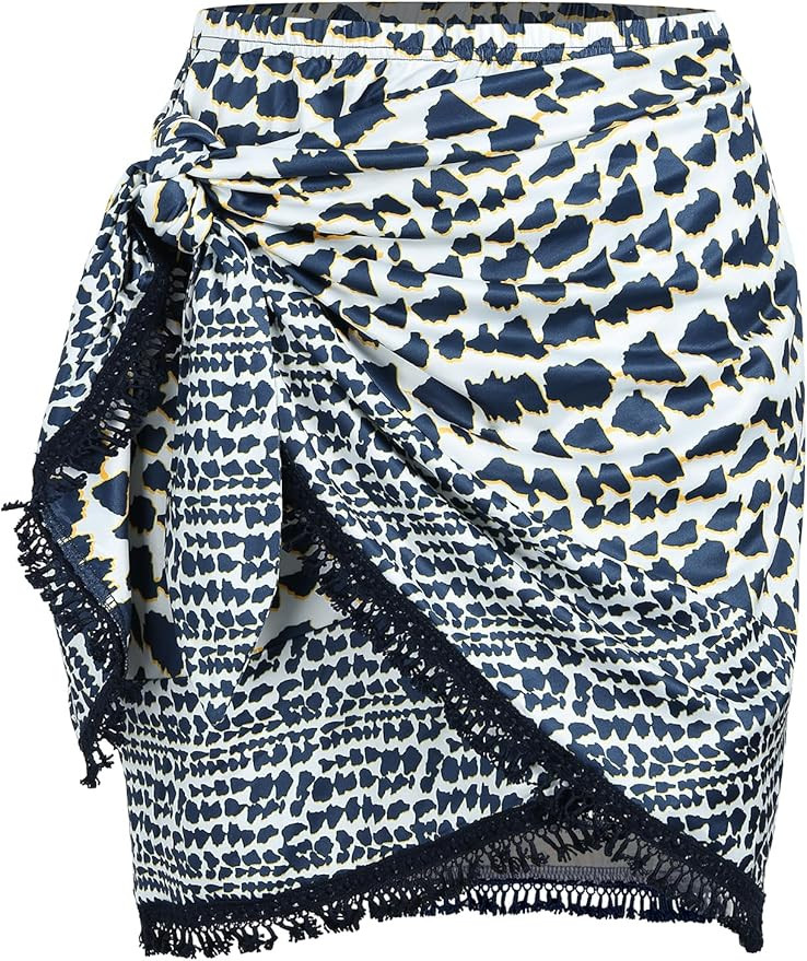 ZAFUL Slit Skirt for Women Boho Print Tie Side Wrap Tassel Casual Beach Mini Skirt | Amazon (US)
