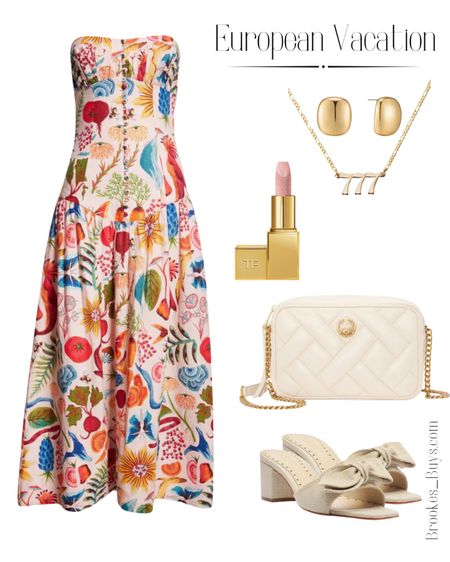 This print dress is so cute! I love this necklace pick your favorite number. #europeanoutfit #summerdress #bowsandal #goldearrings 

#LTKParties #LTKSeasonal #LTKTravel