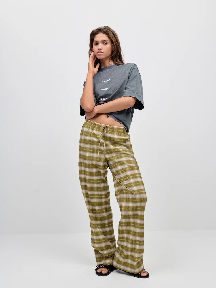 Green/White Wide Leg Pull On Check Trousers | Next EU
